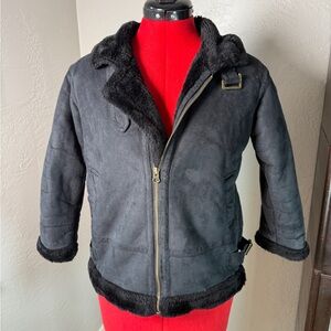 Baffy Black Faux Shearling Aviator Jacket Cozy Lined Zip Up Winter Coat Size M